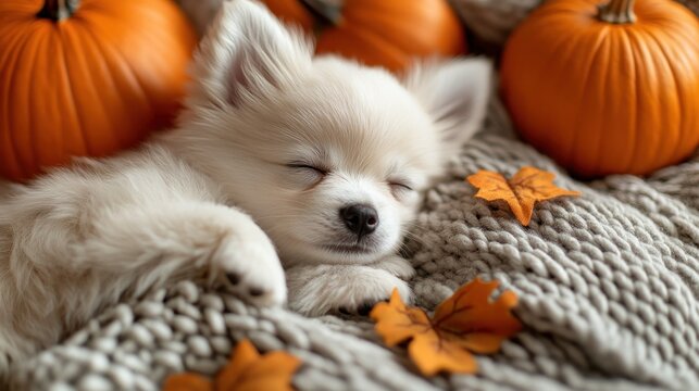Cute puppy sleeps amidst pumpkins and autumn leaves