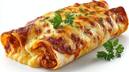 Close up of Two Golden Brown Cheesy Enchiladas with Parsley Garnish on White Background