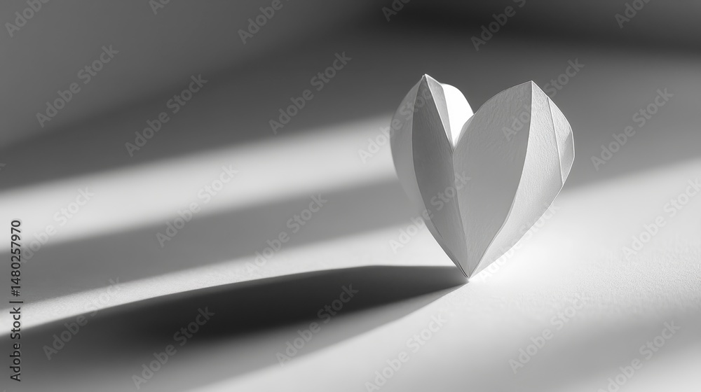 Poster A minimalist monochrome image of a paper heart sculpture casting a shadow on a white surface, illuminated by sunlight.