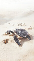 Obraz premium Watercolor turtle animal at the shore beach, serene ocean scene nature viewpoint concept