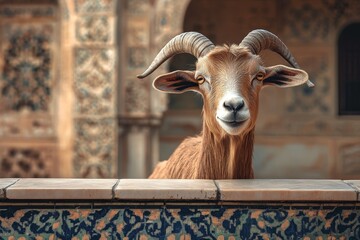 Curious goat gazes from behind a tiled wall.