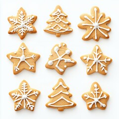 Festive holiday cookies decorated in the shape of snowflakes and Christmas trees.
