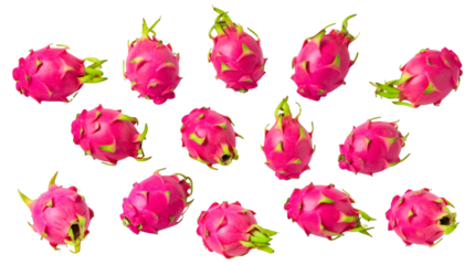 Multiple dragon fruit balls falling down on transparent background