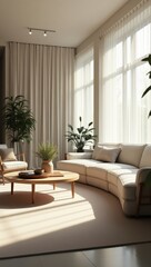 Fototapeta premium Vibrant and surreal evening light cascading through curtains in a stylish living room