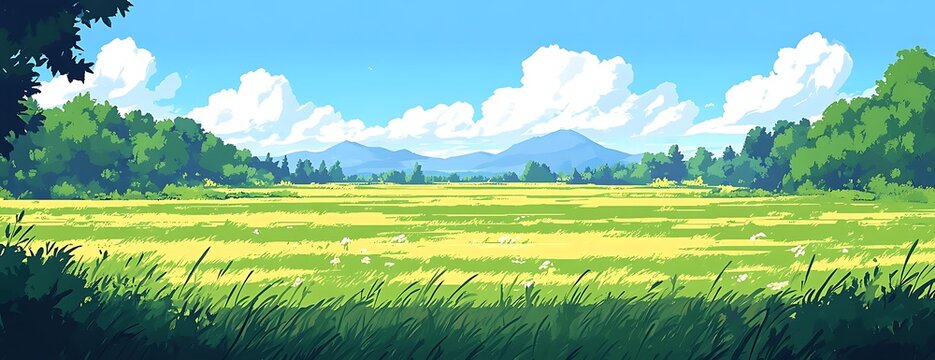 Sunny field, mountains, summer. Nature background