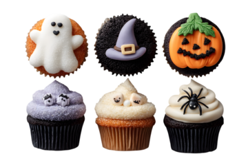 halloween cupcake set: ghost, pumpkin, witch hat, and spider, isolated on transparent background