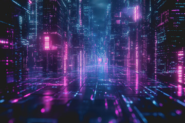 Obraz premium Dark background with a futuristic holographic network grid, and blue and purple neon light lines.