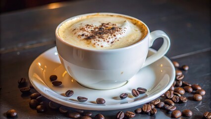Obraz premium A Cup of Cappuccino with a Sprinkle of Cinnamon on a White Saucer Surrounded by Coffee Beans
