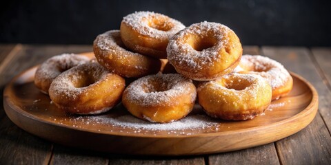 A Stack of Golden Brown Donuts Coated in Powdered Sugar on a Rustic Wooden Plate