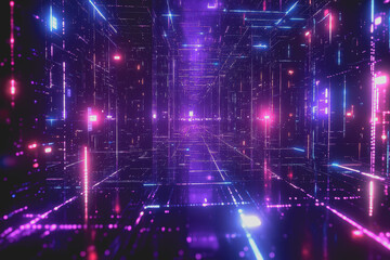Dark background with a futuristic holographic network grid, and blue and purple neon light lines.