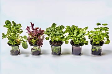 Fototapeta premium Vibrant assortment of leafy greens in clear pots, showcasing freshness and health.