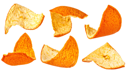 Dried orange peel falling on transparent background