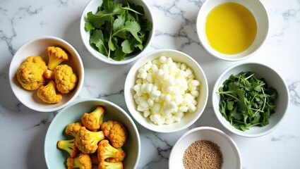 Colorful flat lay arrangement of fresh ingredients on marble surface for healthy cooking