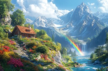 Fototapeta premium Cottage scene with mountains, vibrant nature