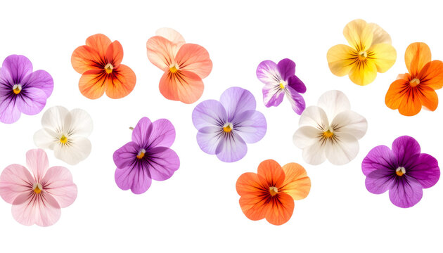 Multiple colorful edible flowers gently drifting on transparent background