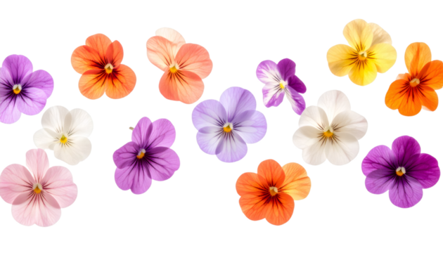 Multiple colorful edible flowers gently drifting on transparent background