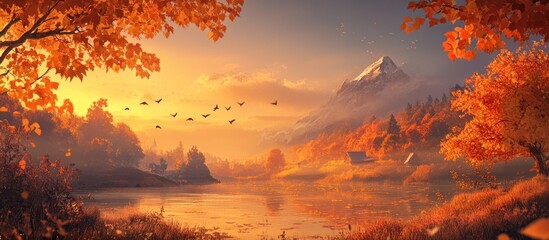 Autumnal Sunrise Over Mountain Lake