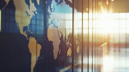 World Map on Wall with Sunlight in Modern Office Environment