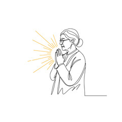 Senior woman praying with light in minimalist line art style  