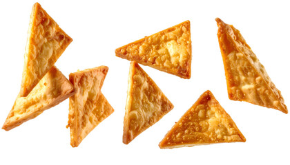 Multiple fried tofu triangles falling on transparent background