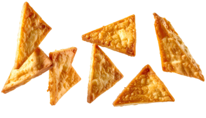 Multiple fried tofu triangles falling on transparent background