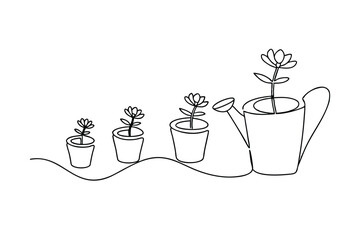 Continuous line drawing of potted plants growing illustrating concepts of growth and development
