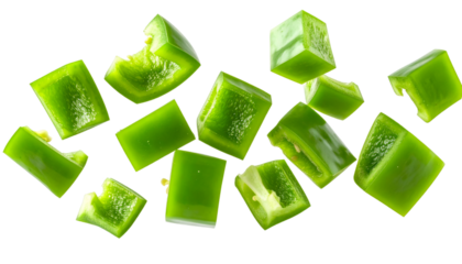 Multiple green bell pepper chunks levitating on transparent background