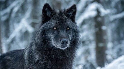 Fototapeta premium Majestic Black Wolf Portrait in Snowy Winter Forest Staring Straight Ahead Close Up Wildlife Photography