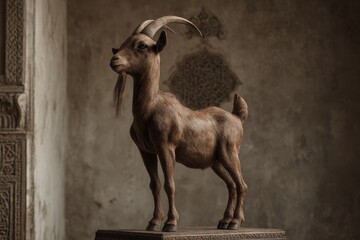 Detailed sculpture of a goat in a muted color palette.