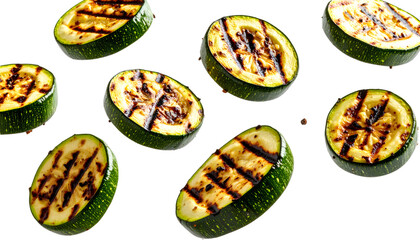 Grilled zucchini slices falling on transparent background
