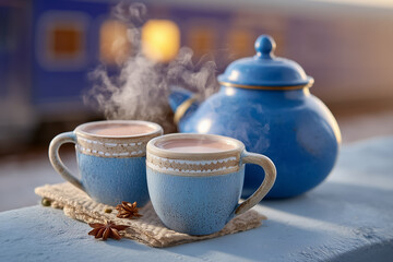 Chai tea is poured with a high arc from blue kettle, creating spicy steam at sunrise. Train station setting provides an inviting atmosphere. Concept of beverage culture, travel, morning rituals
