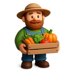 Organic Produce Farmer Holding Fresh Vegetables in Wooden Crate