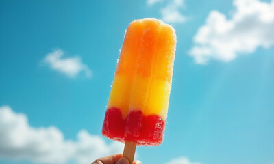 A close-up shot of a hand holding a three-colored popsicle, with a blue sky in the background.