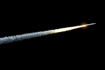 Rocket Launching into Dark Space with Fiery Trail and Smoke Plume High Angle View