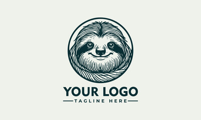 Charming Line Art Illustration of a Smiling Sloth Hanging from a Branch within a Circular Frame. Animal Illustration Concept.