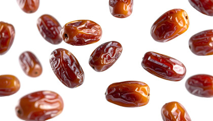 Multiple pitted dates levitating on transparent background