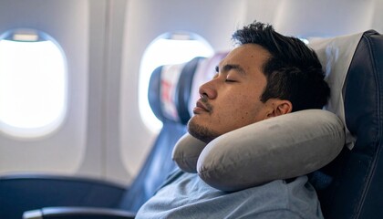 Fototapeta premium Man Sleeping on an Airplane - Person or Tourist trying to sleep on Plane during Travel with Neckpillow - Comfort or Discomfort during Travelling - Aircraft Interior of Commercial Passengers Airbus