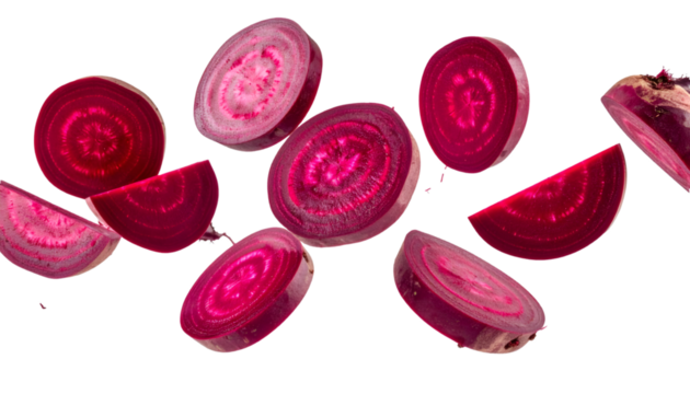 Multiple raw beet slices hovering with realistic texture and natural lighting on transparent background