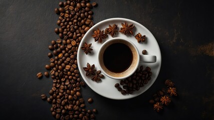 Obraz premium Freshly brewed espresso with roasted coffee beans and star anise on a dark background flat lay