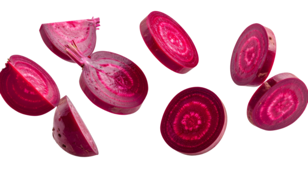 Fresh beet slices hovering on transparent background