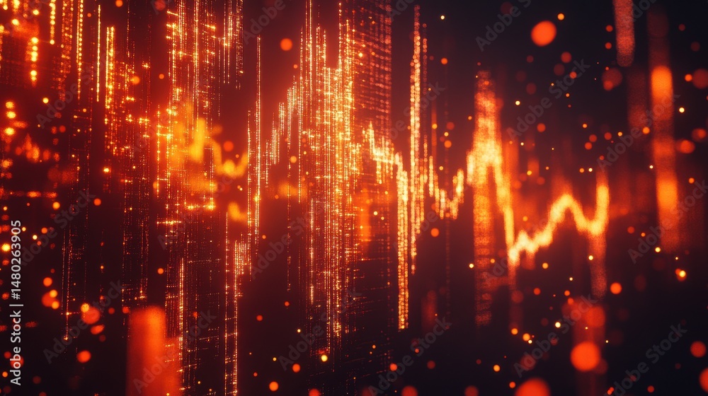 Poster Abstract glowing lines with bright particles in a dark background
