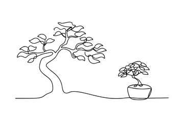 Minimalist line art illustration of two bonsai trees isolated on a white background