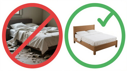 The red circle prohibits messy and dirty beds, while the green circle indicates clean beds, representing concepts of sleep hygiene, bedroom cleanliness, and mite and mold allergies