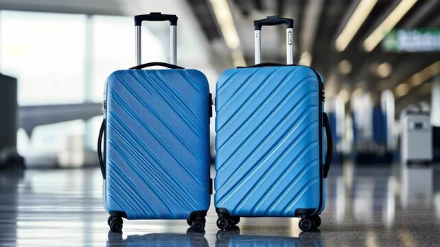 two blue suitcases stand side by side in airport terminal awaiting passengers departure arrival