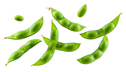 Multiple shelled edamame hovering with realistic texture and natural lighting, isolated on transparent background
