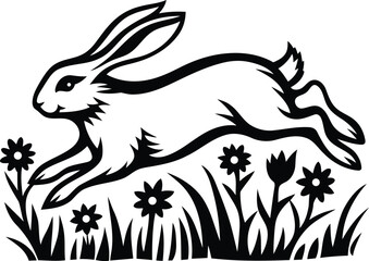 A rabbit running surrounded by tall grass and wildflowers silhouette vector art,  rabbit running surrounded by tall grass and wildflowers line art vector icon design 