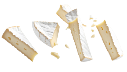 Multiple Slices of Brie Falling Down on Transparent Background