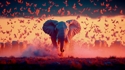 African Dream: An elephant herd emerges dust and birds swarm at sunrise, design for wildlife conservation campaign print poster.