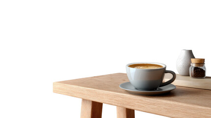 Morning Brew: A serene still life of a steaming coffee, nestled on a wooden table with a minimalist arrangement of vases. It's an invitation to pause and savor the simple pleasures of the morning.