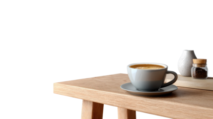 Morning Brew: A serene still life of a steaming coffee, nestled on a wooden table with a minimalist arrangement of vases. It's an invitation to pause and savor the simple pleasures of the morning.